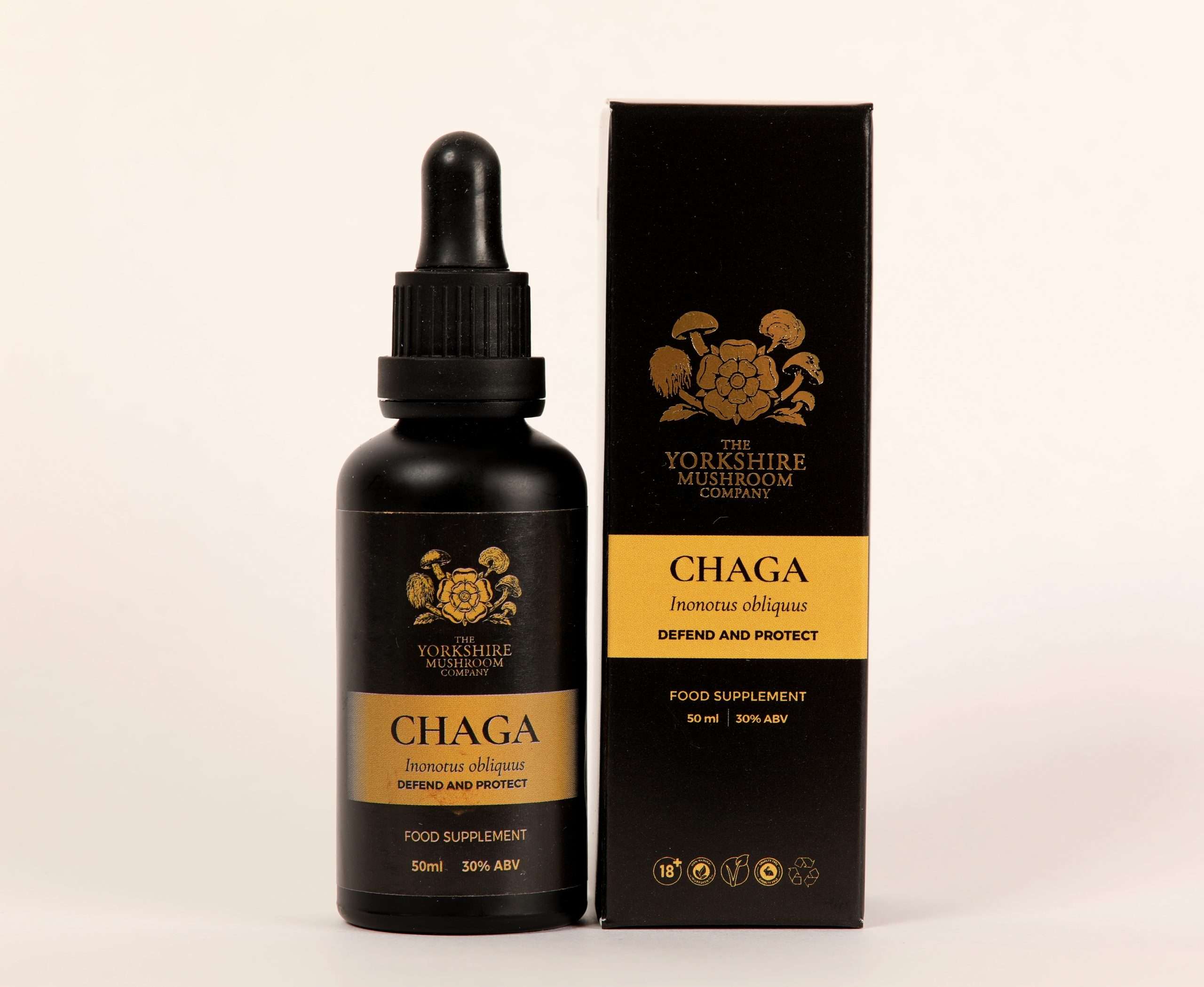Yorkshire Mushroom Company Chaga dual-extracted tincture bottle and box packaging