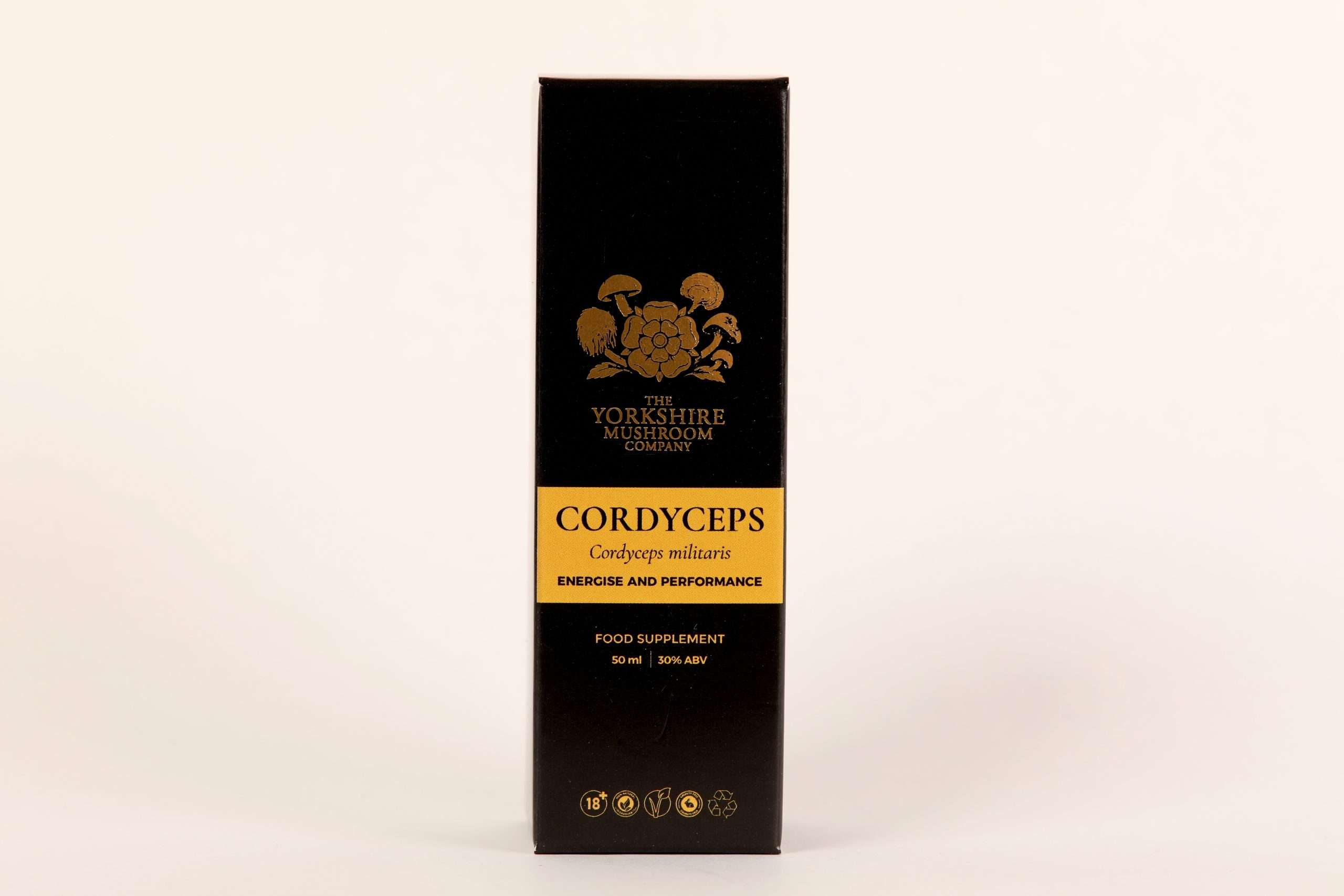 Yorkshire Mushroom Company Cordyceps dual-extracted tincture bottle and box packaging