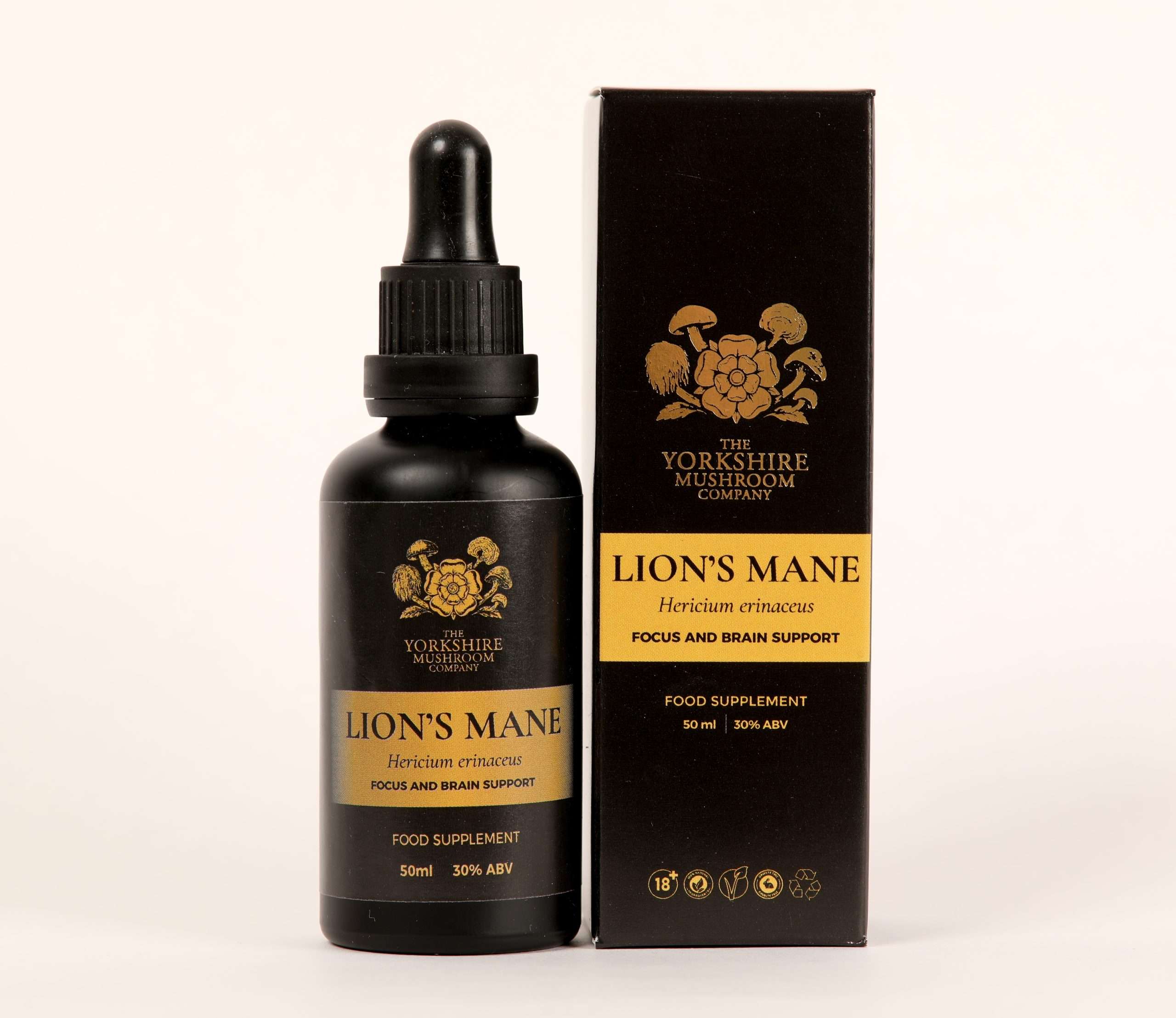 Yorkshire Mushroom Company Lion's Mane dual-extracted tincture bottle and box packaging