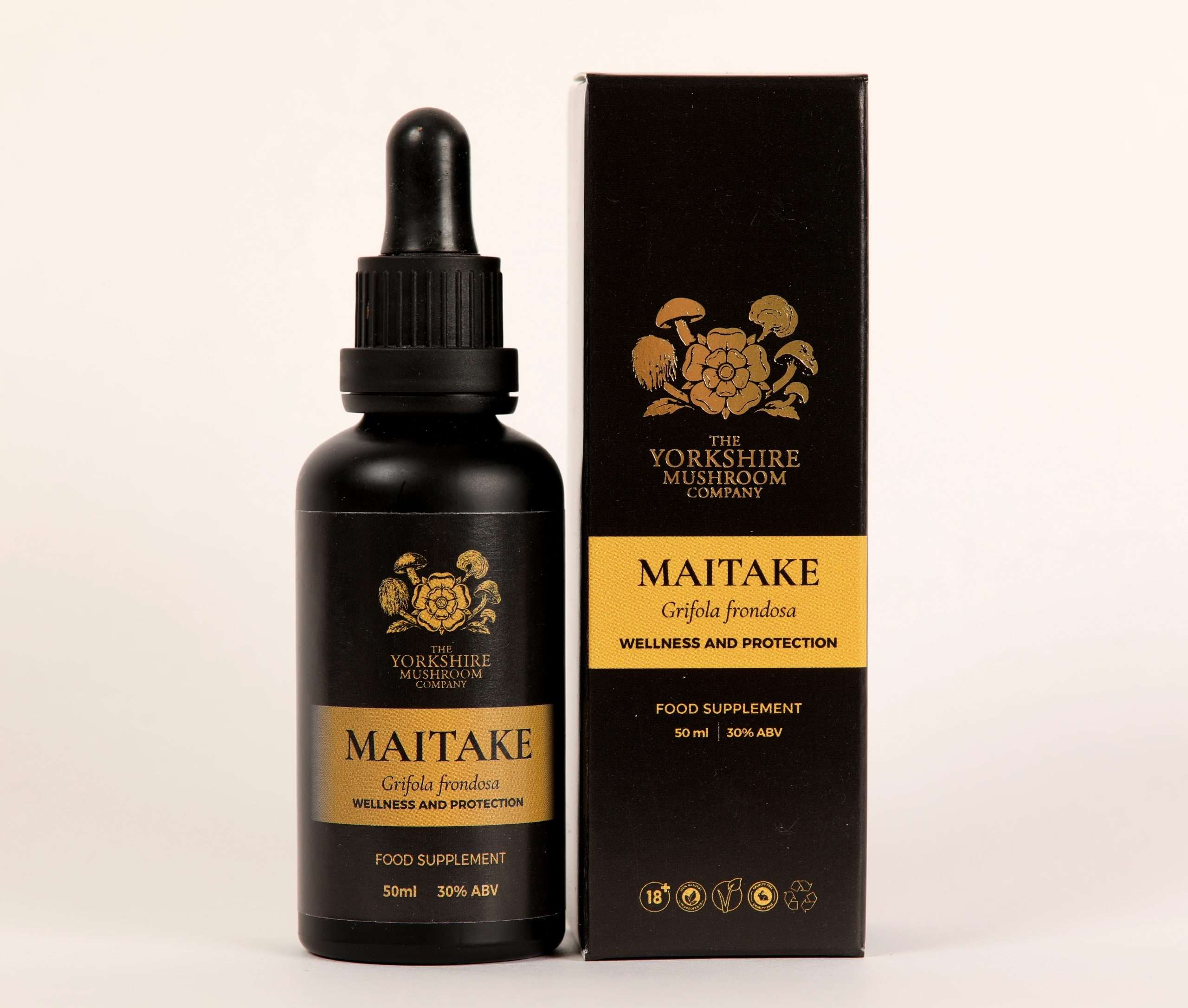 Yorkshire Mushroom Company Maitake dual-extracted tincture bottle and box packaging