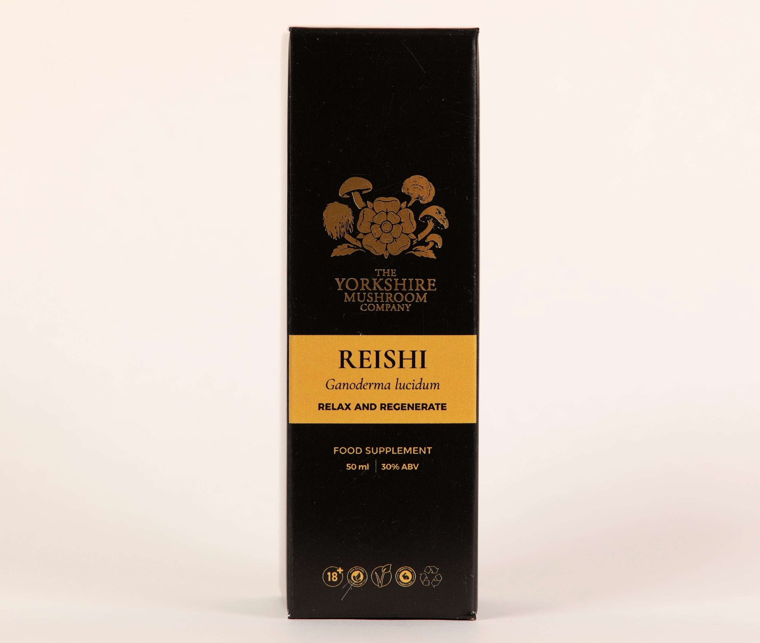 Yorkshire Mushroom Company Reishi dual-extracted tincture bottle and box packaging