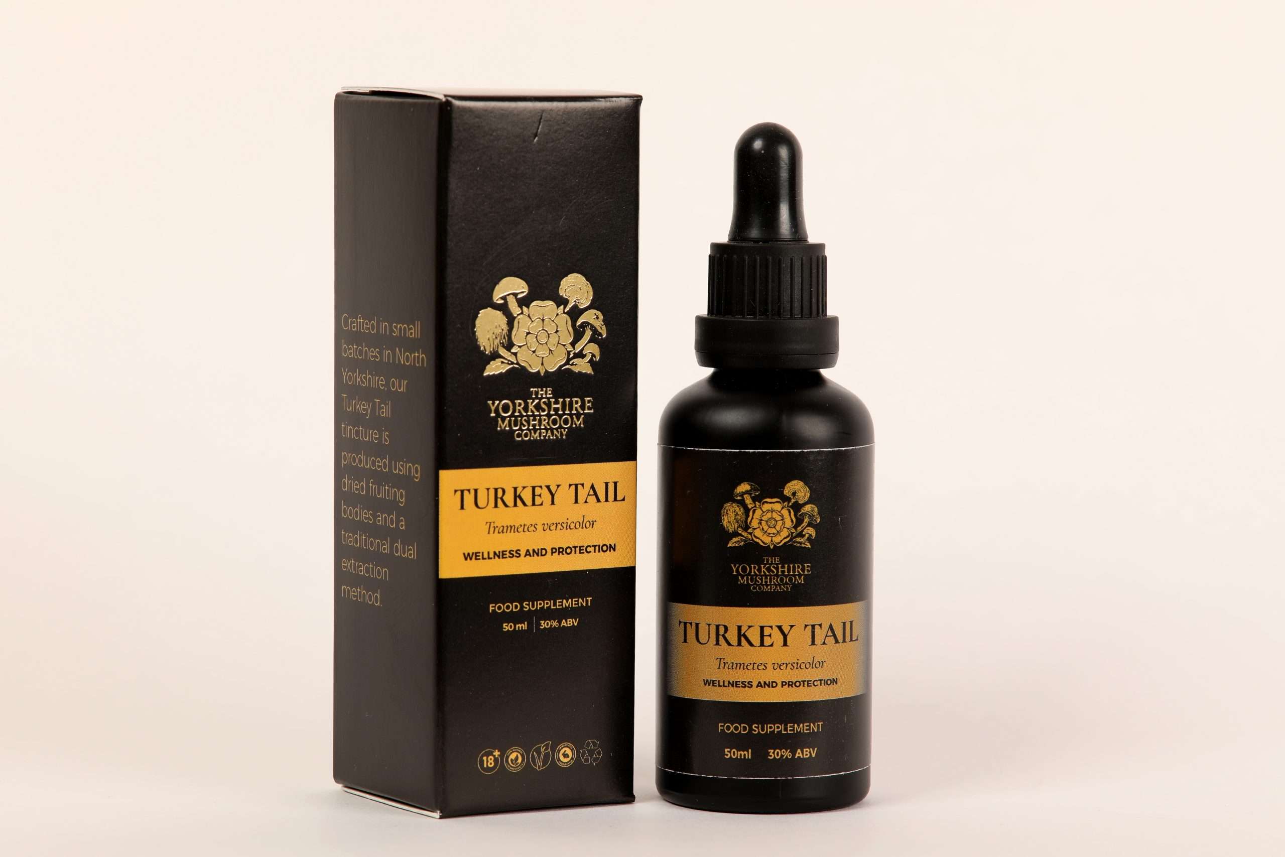 Yorkshire Mushroom Company Turkey Tail dual-extracted tincture bottle and box packaging